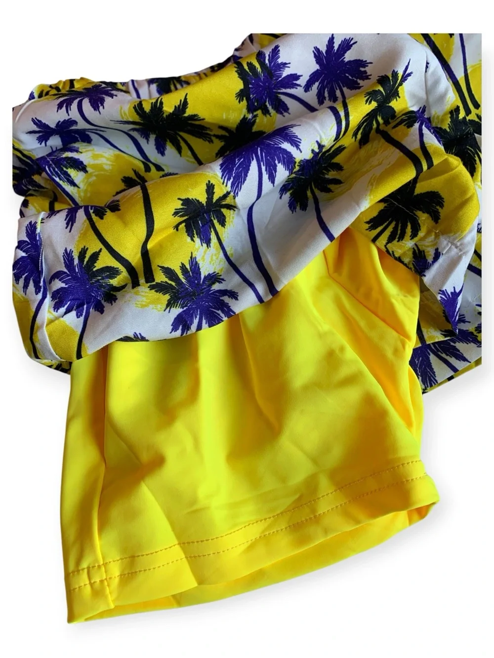 Kids Yellow & Purple Palm-Print Swim Trunks